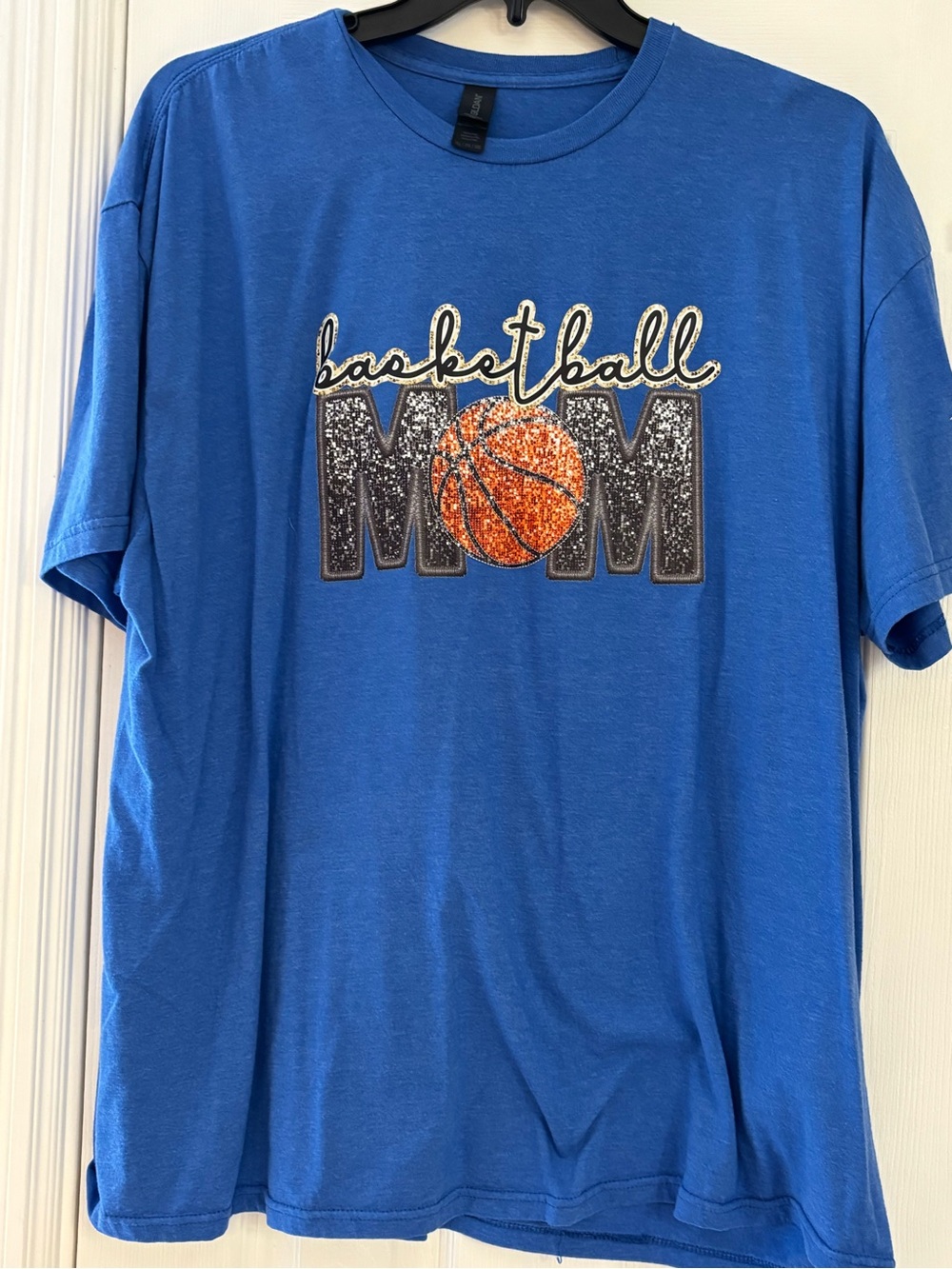 Gildan Blue Basketball Mom Graphic Tee with Orange Accent